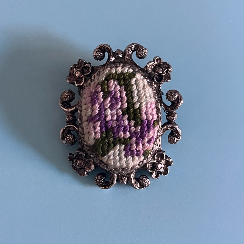 Handcrafted silver and embroidered brooch